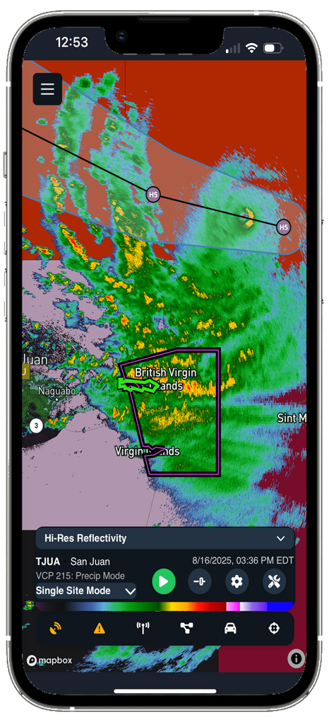cycRad - cycRad app interface showing high-resolution reflectivity radar data and storm tracks over the British Virgin Islands