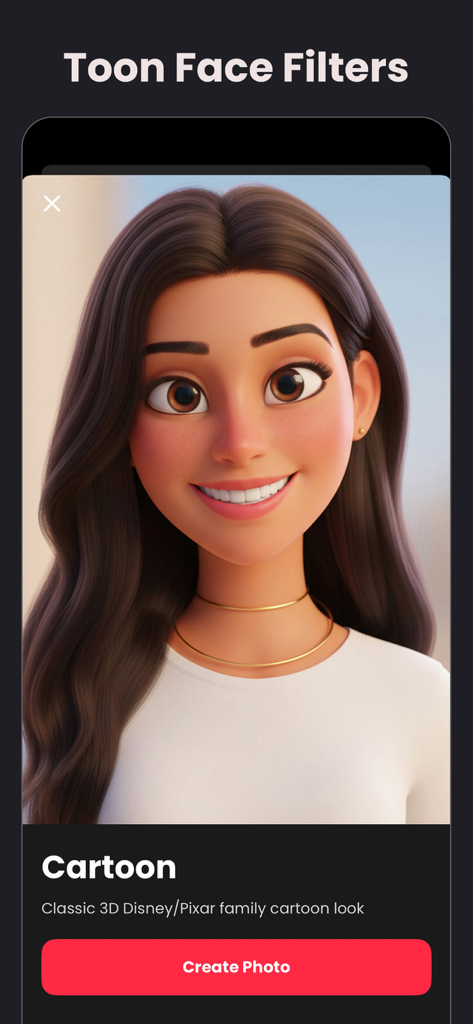 Retoon: Cartoon Photo Editor - Retoon app interface showing a 3D Disney and Pixar style cartoon filter on a female portrait.