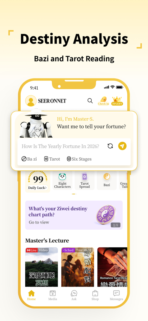Seer - Blessing Zodiac Fortune - Seer-App-Mobiloberfläche, die Schicksalsanalysefunktionen einschließlich KI-Wahrsagerei und Bazi-Lesungen zeigt.