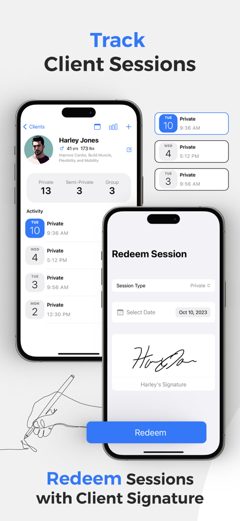 Interface of the PT Sessions app displaying client activity history and a session redemption screen with a digital signature pad.