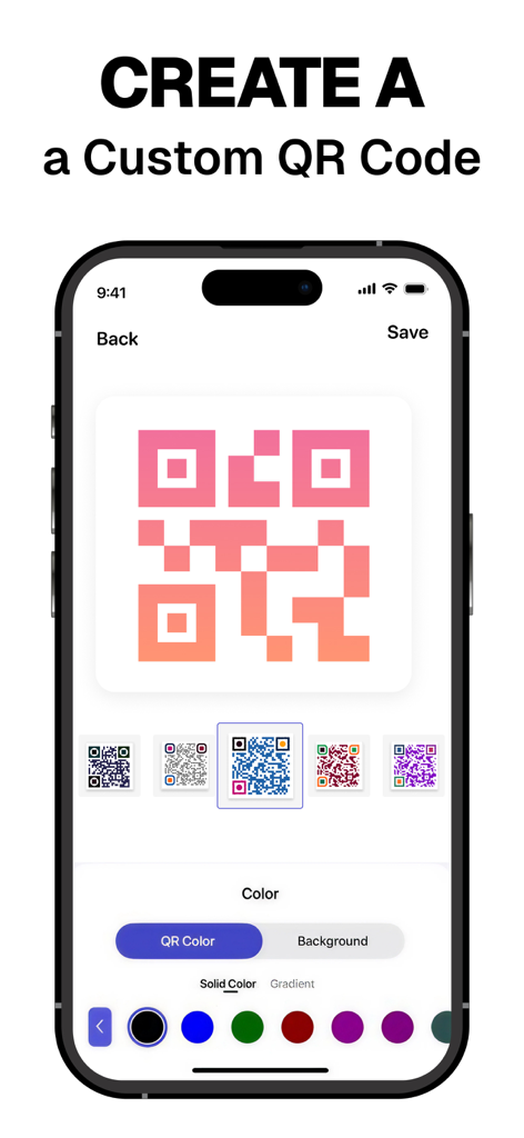 PDF Scanner ~ Scan Document - Interface for creating and customizing a QR code with different colors and gradients in the PDF Scanner app