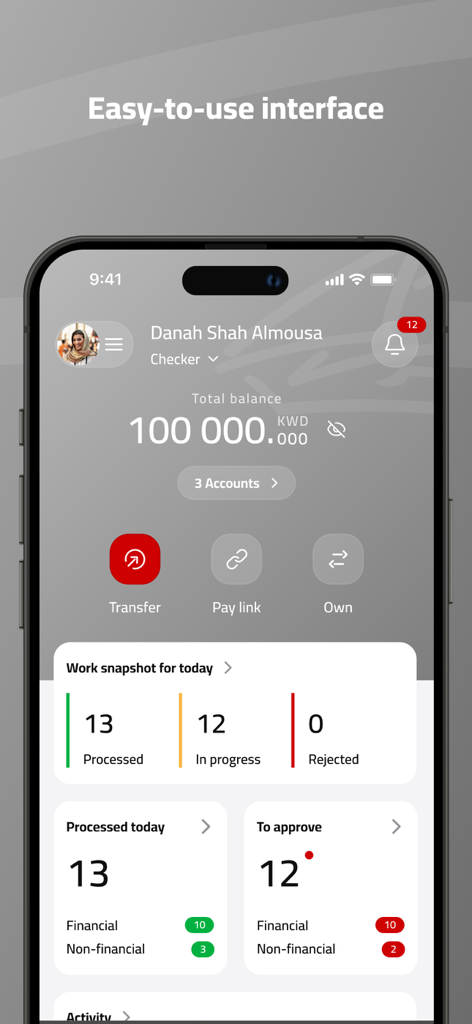 Gulf Bank Corporate Mobile App - Panel de la aplicación móvil corporativa de Gulf Bank que muestra el saldo de la cuenta y el estado de aprobación de transacciones.