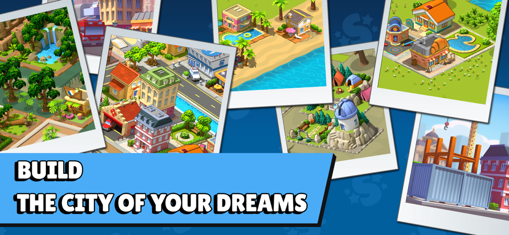 Un collage de fotos polaroid que muestran diferentes entornos urbanos con el texto 'Construye la ciudad de tus sueños'