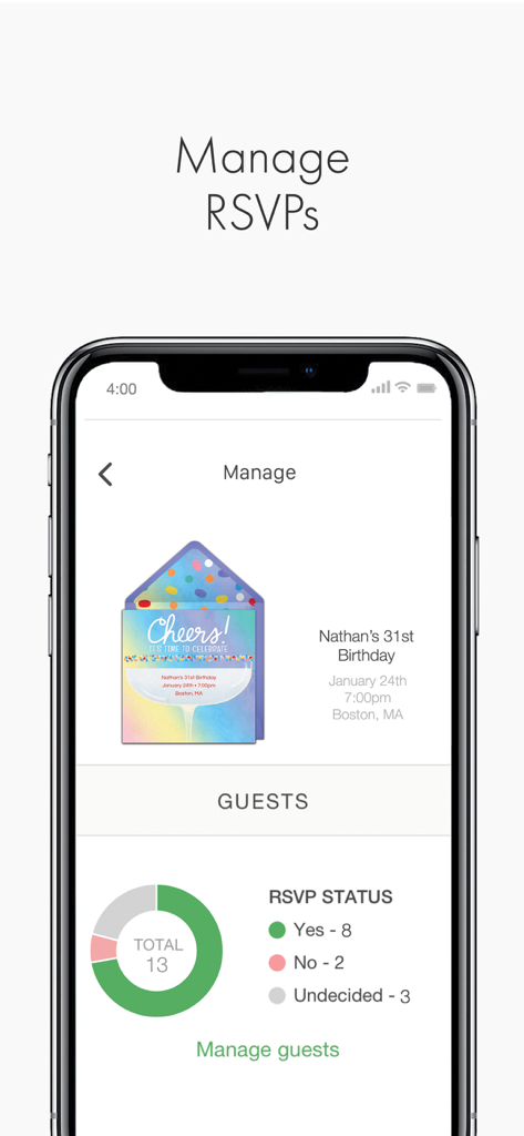 Schermata dell'app mobile Punchbowl che mostra il tracciamento degli RSVP e lo stato degli invitati per un invito di compleanno