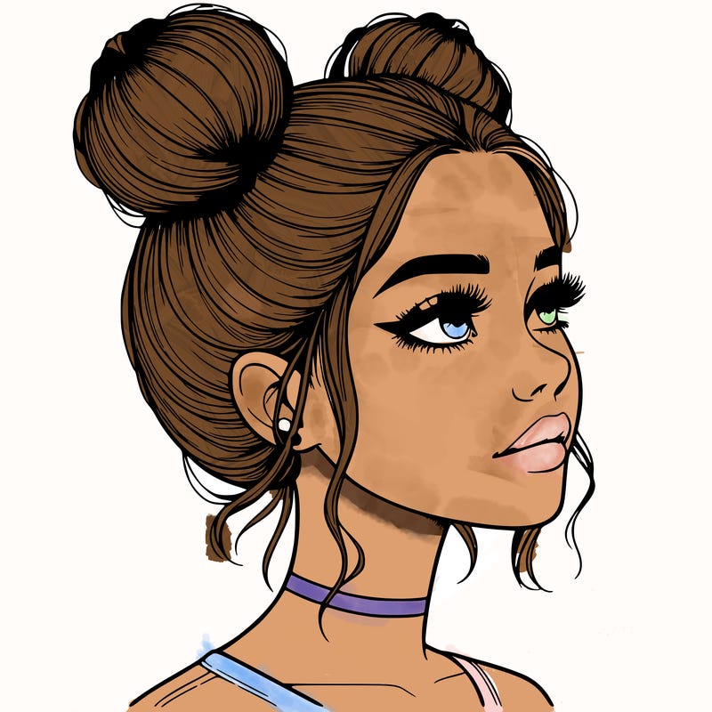realistic girl with buns on the top of her head