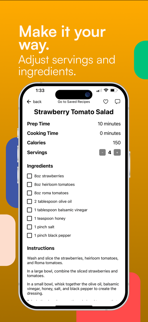 Rosey – Easy Dinner Ideas - Rosey app screen showing a strawberry tomato salad recipe with a tool to adjust servings