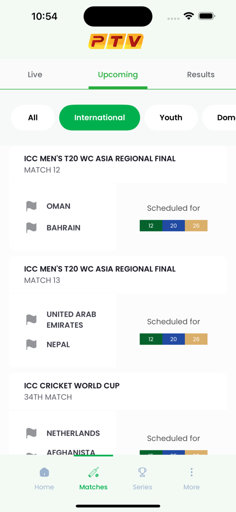Interface of the PTV Live Cricket app showing a list of upcoming international cricket matches and schedules.