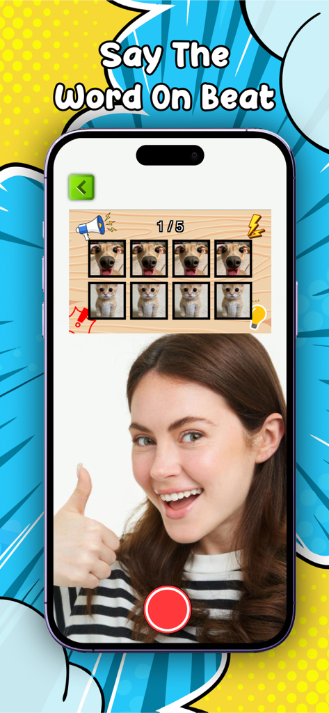 My Future Prediction Filter - A young woman smiling and giving a thumbs up while participating in the Say The Word On Beat challenge in the My Future Prediction Filter app