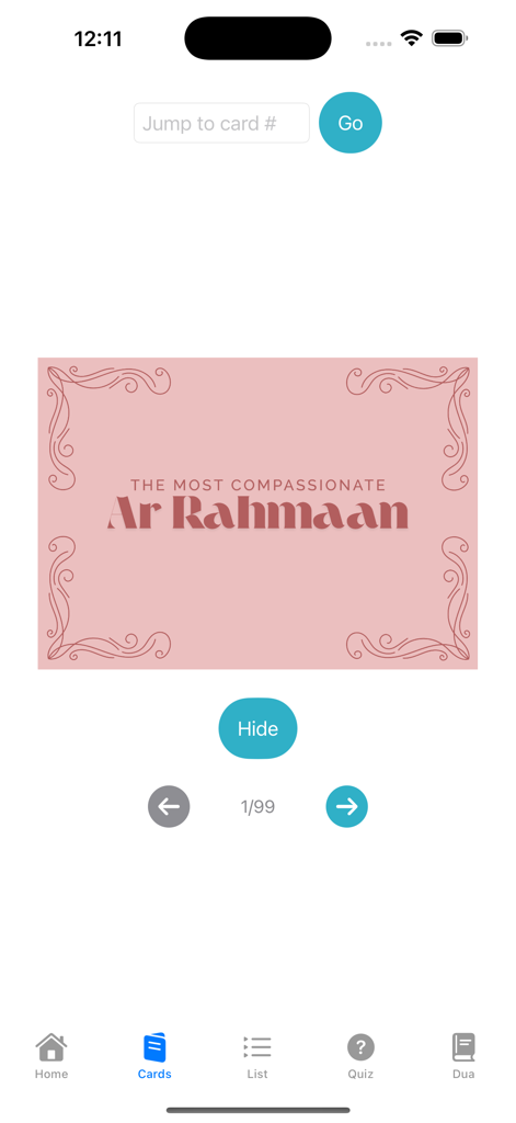 The Divine Names - A minimalist digital flashcard in The Divine Names app displaying the name Ar Rahmaan and its meaning The Most Compassionate.