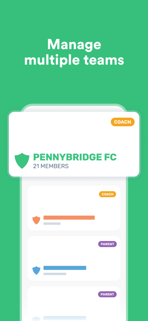 Heja - Interface of Heja app showing management of multiple sports teams for coaches and parents