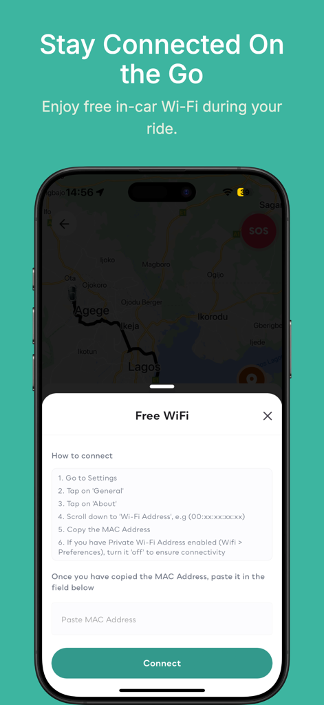 eDryv mobile app interface displaying instructions for free in-car WiFi connection during a ride.