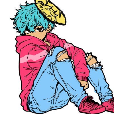 a male hoddie ripped jeans messy hair anime