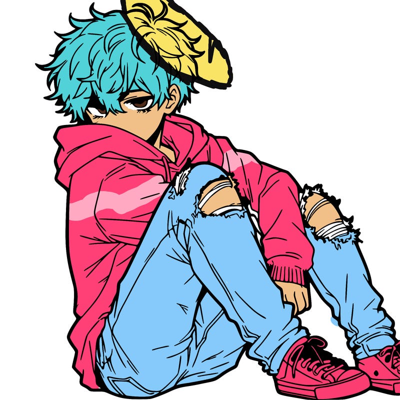 a male hoddie ripped jeans messy hair anime