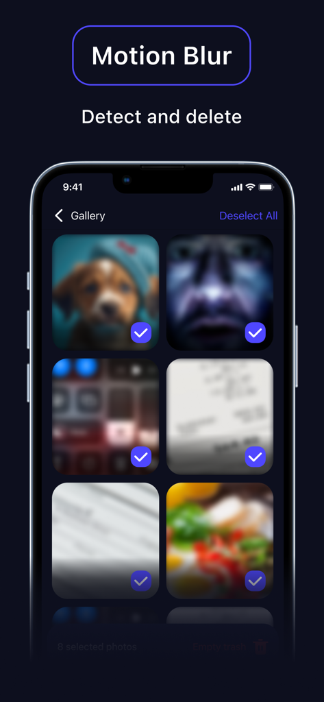 AI Cleaner app interface showing motion blur detection and selection of blurry photos for deletion
