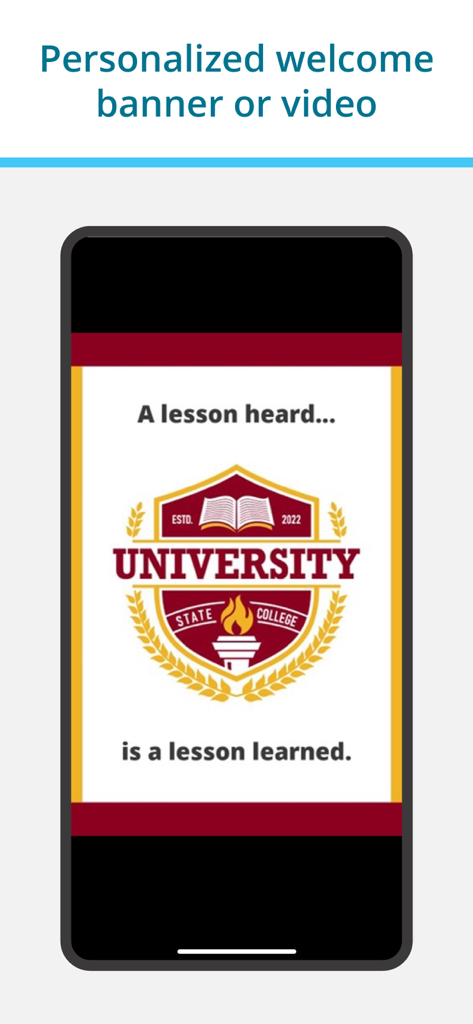 ListenWIFI app showing a personalized university welcome banner with the text A lesson heard is a lesson learned