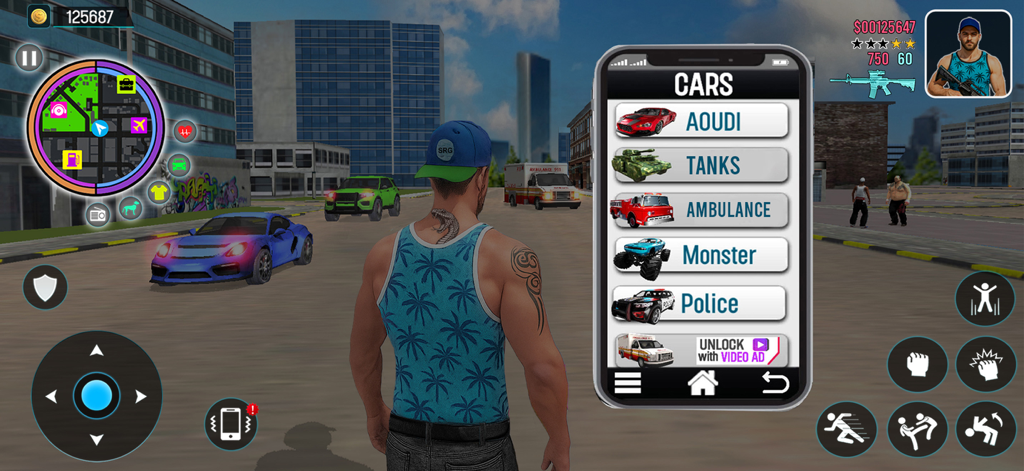 Gangster Game City Crime Sim - Captura de pantalla del juego Gangster Game City Crime Sim que muestra a un personaje en una calle de la ciudad con un menú de selección de vehículos abierto.