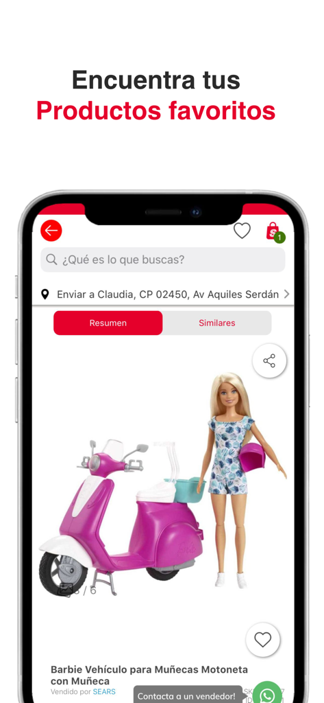 iPhone screen showing the Sears Mexico app product page for a Barbie doll with a purple scooter