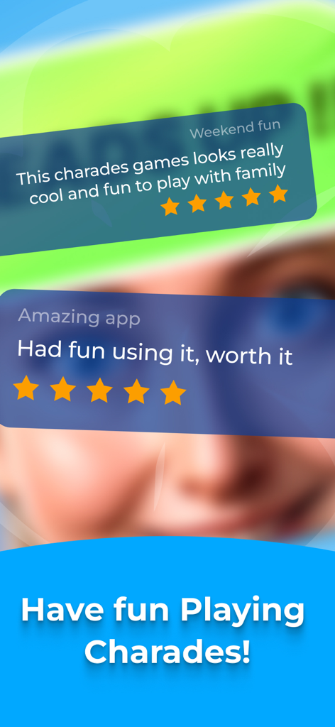Five star user reviews and testimonials for the Charades Family and Party Game app.