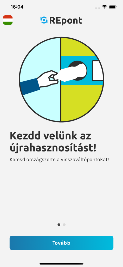 REpont - Schermata di benvenuto dell'app REpont che mostra un'illustrazione di una mano che restituisce una bottiglia per il riciclaggio