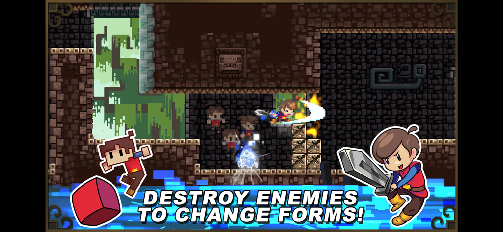 Adventures of Pip - Pip character transforming from a single red pixel to a high resolution hero with a sword