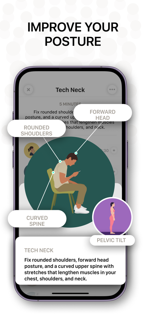 Bend: Stretching & Flexibility - Ilustración de la app Bend que muestra una rutina de restablecimiento de postura para el cuello tecnológico.