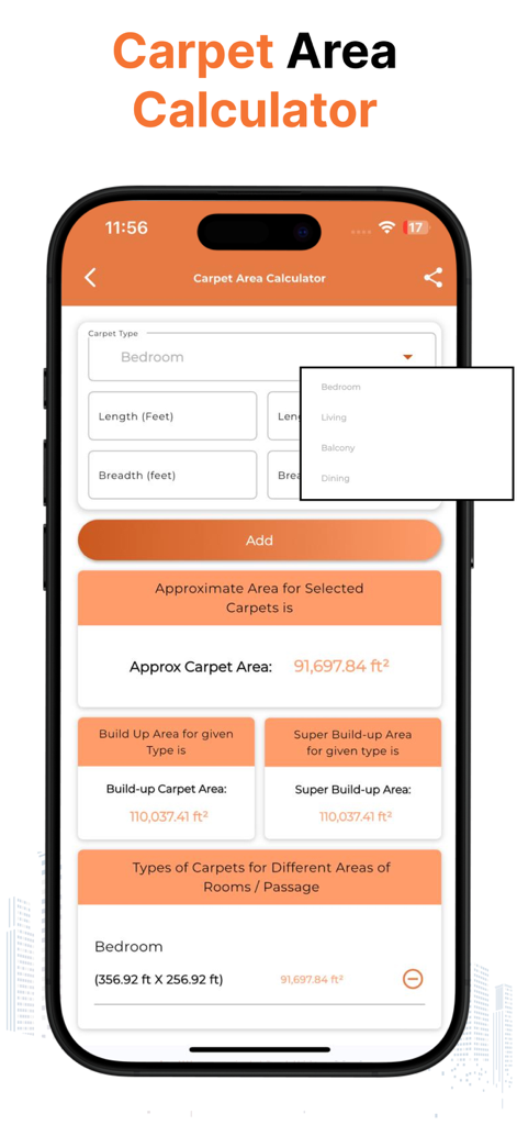 Construction Calc - Civil Calc - Mobile App-Oberfläche der Teppichflächenrechner-Funktion mit Raumauswahl und berechneten Flächenergebnissen.