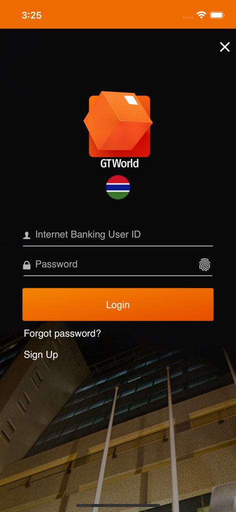 GTWorld Gambia - GTWorld Gambia mobile banking login interface with fields for internet banking user ID and password