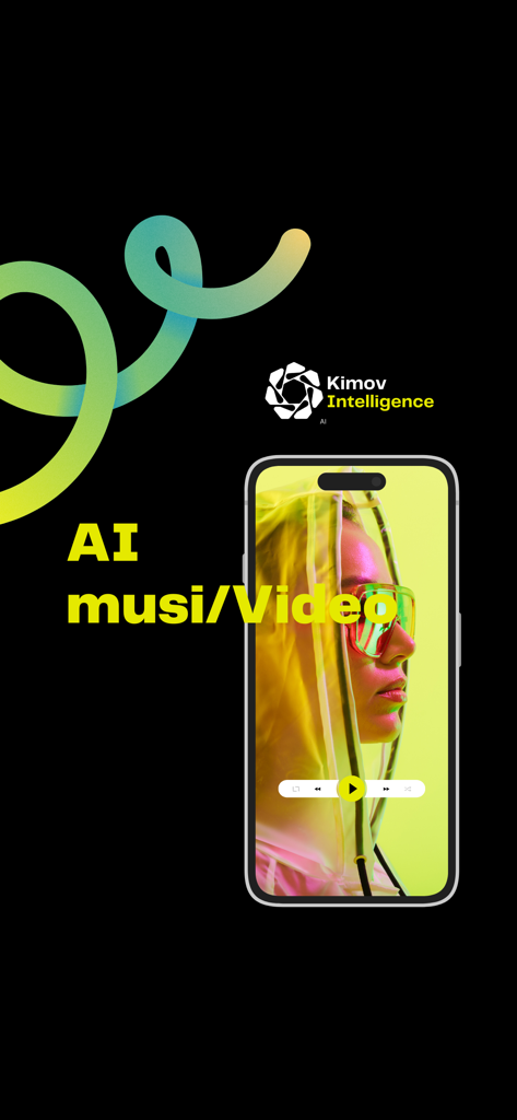 Kimov - Interfaz de la aplicación Kimov AI que muestra funciones de generación de música y vídeo en un smartphone