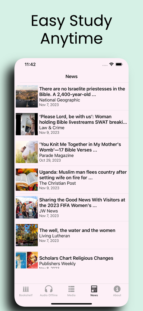Women's Bible app - News feed screen of the Womens Bible app showing religious articles and headlines