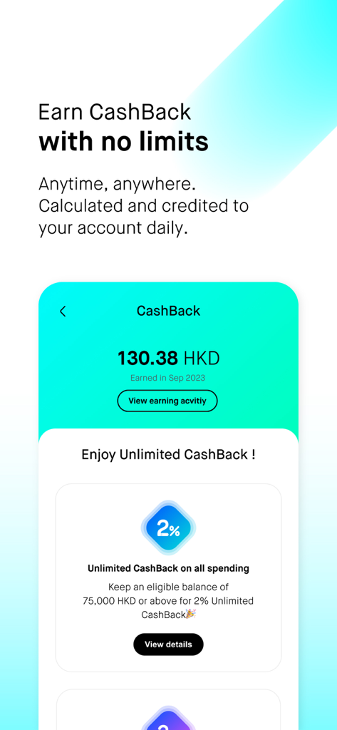 Mox Bank mobile App Bildschirm, der tägliche Cashback-Einnahmen und ein Angebot von 2 Prozent unbegrenztem Cashback zeigt