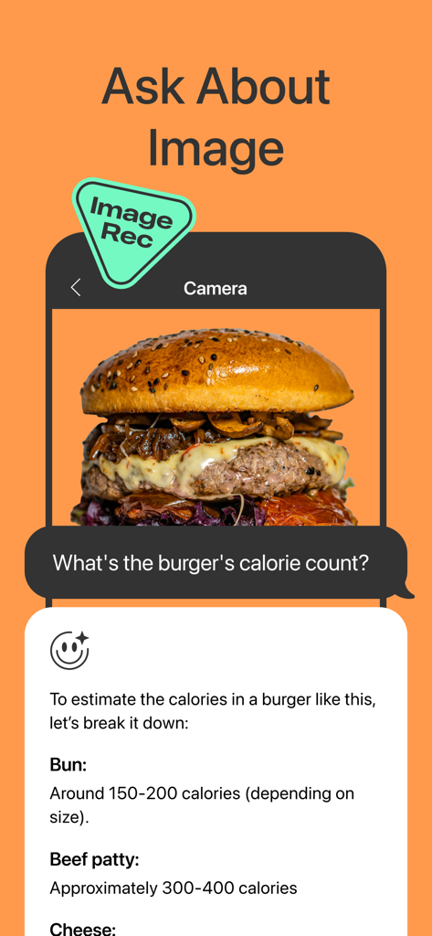 Yuna AI - Chatbot & Assistant - Yuna AI chatbot interface using image recognition to estimate the calorie count of a burger