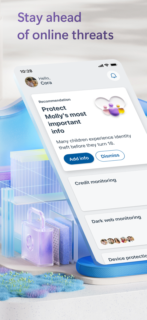 Microsoft Defender app dashboard showing identity protection recommendations for family members and online threat monitoring