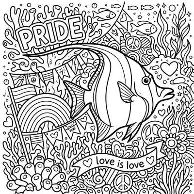 Embark on an underwater journey of acceptance and vibrant expression with this unique Moorish Idol Pride coloring page. This delightful template combines marine life with symbols of love and community, perfect for celebrating Pride Month.
