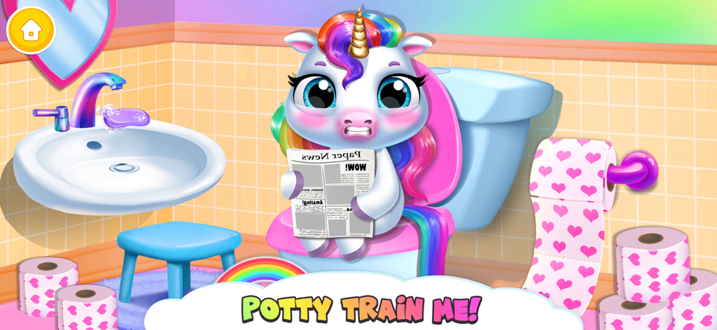 Baby unicorn with rainbow hair sitting on a pink toilet in a bathroom for potty training