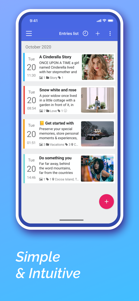 Aplicación móvil Diaro que muestra una lista de entradas de diario cronológicas con fotos y etiquetas de categoría