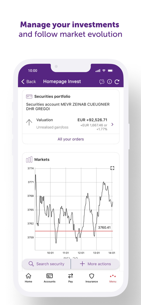 Beobank Mobile app interface showing a securities portfolio valuation and a live market performance chart