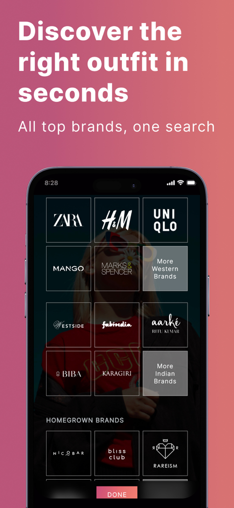 ALT - Fashion Search - ALT fashion search app screen showing a curated grid of top international and Indian fashion brands