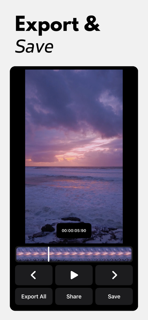 Frame Grabber: Video to Pic - Interface of Frame Grabber app showing video frame extraction with export and save buttons.