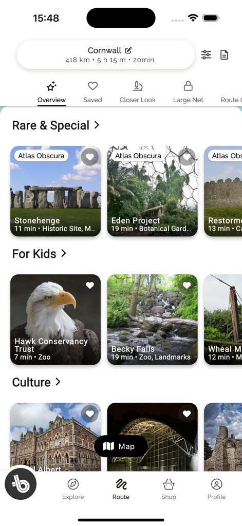 On the way: road trip app - Curated categories of road trip stops like Stonehenge and Eden Project in the On the way app