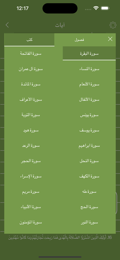 Arabic Quran Offline - A list of Quran chapters in Arabic displayed in the navigation menu of the app