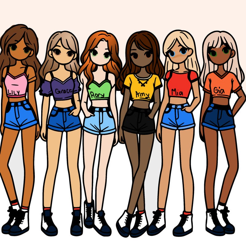 a group of girls wearing crop tops and shorts