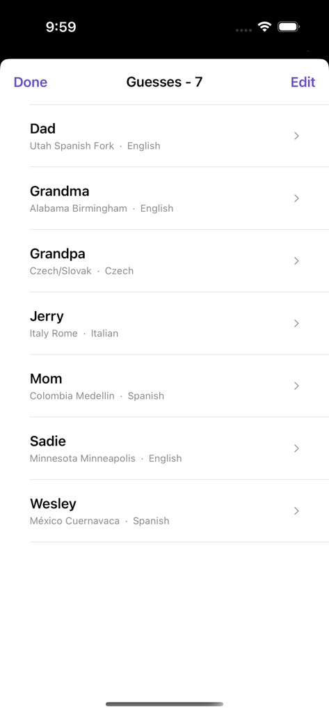 Mission Call - Guess & Explore - Un elenco di ipotesi di località e lingue della missione da parte di familiari e amici nell'app Mission Call.