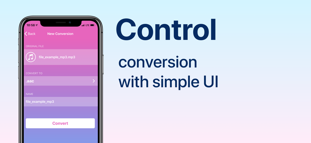 Audio Converter: convert mp3 - iPhone screen showing a simple user interface for converting audio files with a large convert button.