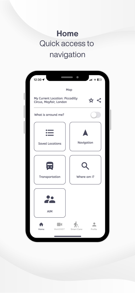 Tela inicial do aplicativo WeWALK com botões de navegação acessíveis para transporte, locais salvos e assistência ao vivo