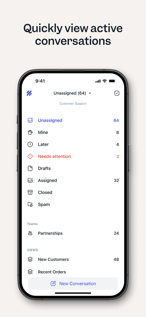 Help Scout - Help Scout mobile app mailbox view showing unassigned and active customer support conversations