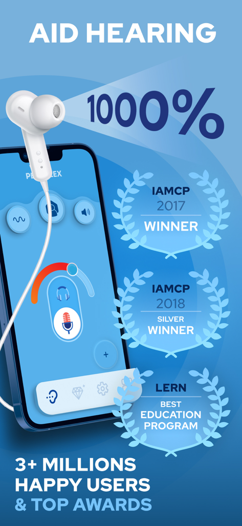 Petralex hearing aid app interface showing 1000 percent sound amplification and industry awards