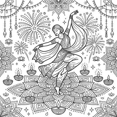 Immerse yourself in the spirit of Diwali with this enchanting coloring page, showcasing a graceful dancer amidst traditional festive elements. Bring to life the vibrant celebration of lights with your favorite colors.