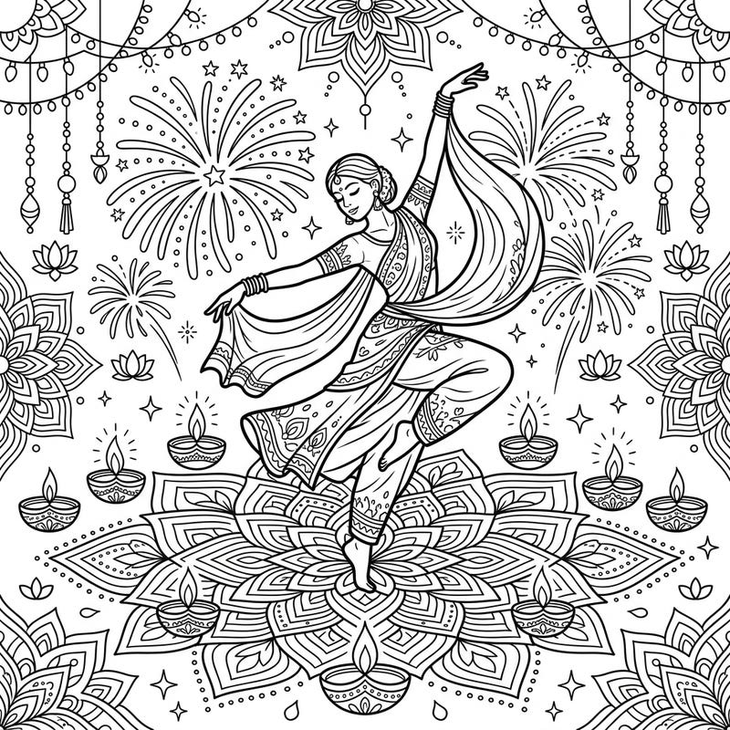 Immerse yourself in the spirit of Diwali with this enchanting coloring page, showcasing a graceful dancer amidst traditional festive elements. Bring to life the vibrant celebration of lights with your favorite colors.