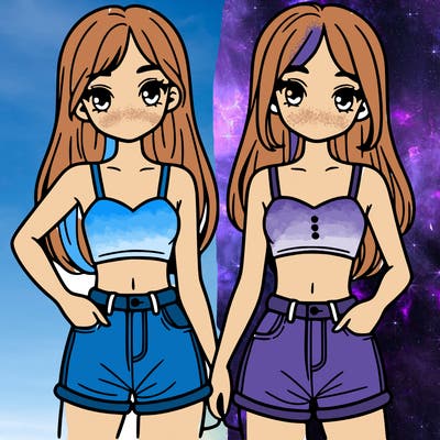 two sisters with crop tops and jean shorts and straight hair