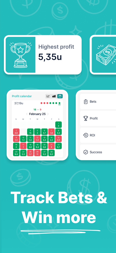 Interface of Bet Journal app showing highest profit and a monthly betting profit calendar